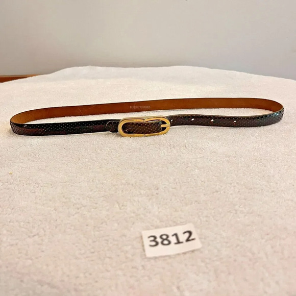 Vtg Reptile Veritable Belt Brown Snakeskin Skinny Leather Gold Plate Buckle 1/2" - Picture 2 of 12